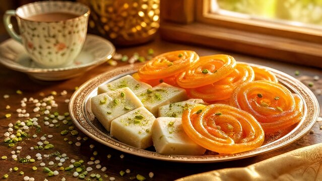 jalebi. Golden jalebi and white barfi on festive plate, edible confetti, chai cup, Pakistani sweets celebration concept for Independence Day. event programs.