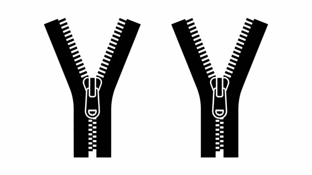 Close-up of two black y-shaped zippers with white teeth and slider