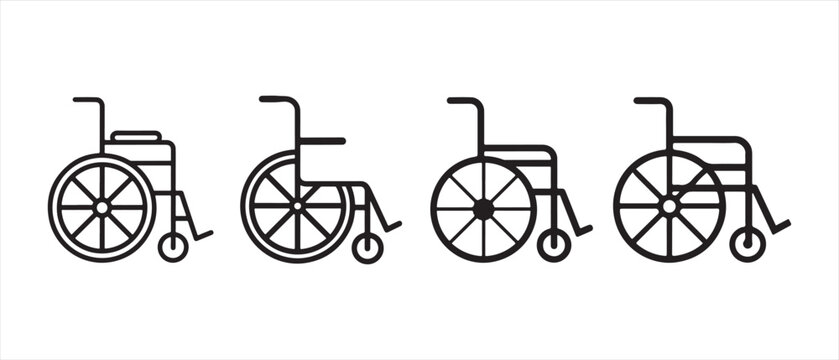 Set of four simple black line icons of wheelchairs for medical and disability health care symbols.