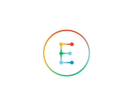 Gradient circle letter e logo. Minimalist node connection symbol for digital technology, abstract science, smart software, network data and modern creative business branding.