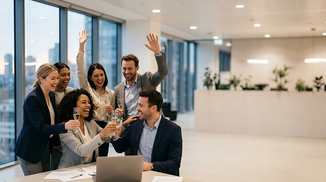 Diverse business team celebrating success with a toast in a modern office