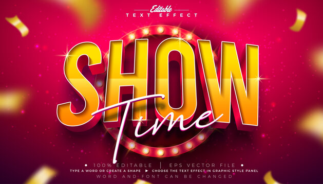Show Time Text Effect Design Editable Vector Graphic Style Effect with Light Bulb Frame Billboard and 3d Typography Lettering on Falling Gold Confetti Background. Premium Luxury Casino, Night Club