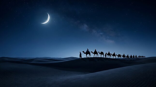 Camel caravan walking across desert dunes under a crescent moon
