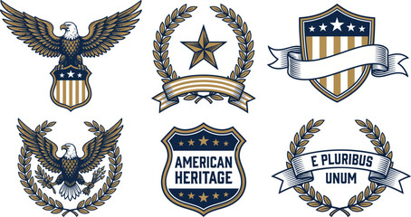 USA vintage emblem set. American patriotic eagle badge collection with a star shield, heritage crest, and laurel for 250 years 1776 to 2026 anniversary label. © Pixel_Forge