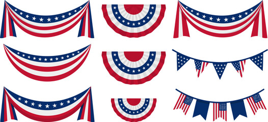 Obraz na płótnie Canvas Patriotic flag swag and pennant set. American bunting banner collection with stars and stripes drape for 250 years 1776 to 2026 USA Independence Day decoration.