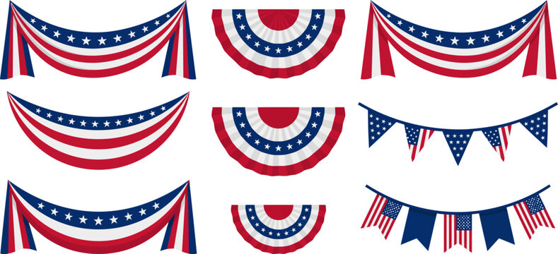Patriotic flag swag and pennant set. American bunting banner collection with stars and stripes drape for 250 years 1776 to 2026 USA Independence Day decoration.