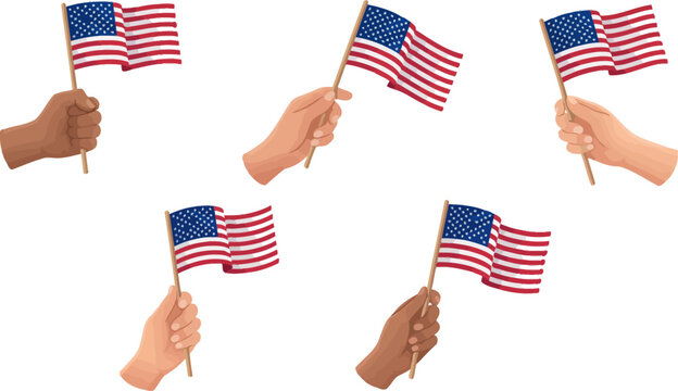 Hands waving a small American flag set. USA patriotic hand holding a mini flag collection for 250 years 1776 to 2026 Independence Day celebration design.