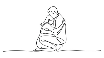 Obraz premium continuous one line drawing of mother hugging child, parental love care and family bonding minimalist vector illustration art