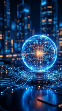 Glowing digital sphere with circuits on a futuristic city background, symbolizing innovation, connectivity, and advanced technology