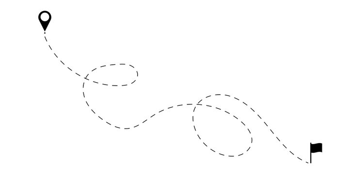 Dotted hand drawn line with flag and map pin on isolated transparent background 