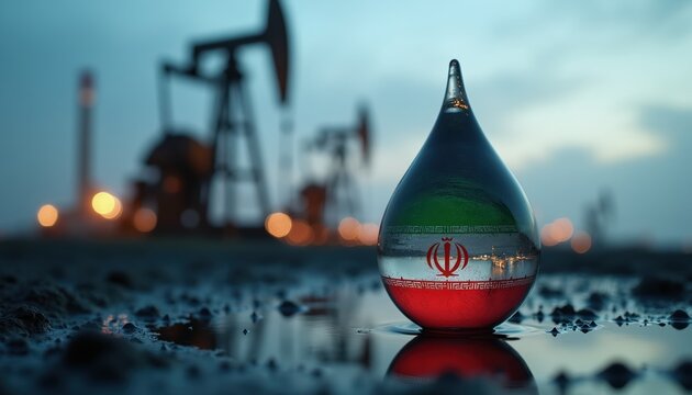 Oil drop reflects Iranian flag near pumpjacks in industrial zone. Crude oil production in refinery area. Energy industry landscape with oil extraction equipment. Economy, fuel, resource concept.