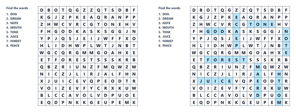 Word seek puzzle sheet with highlighted answers and clues  