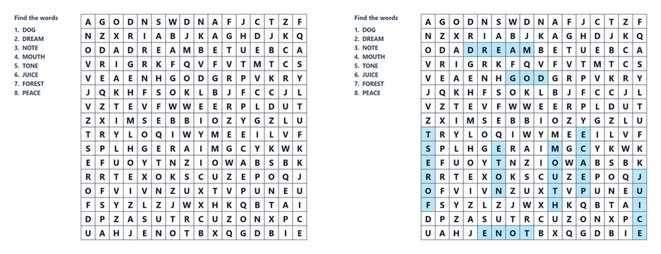 Word seek puzzle sheet with highlighted answers and word list  