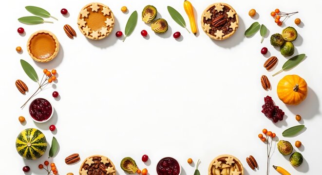 Thanksgiving holiday food frame with pies fruits and vegetables on white background