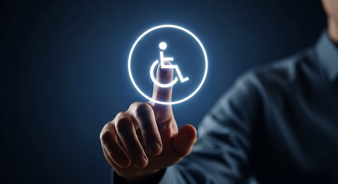 A person's finger touching a glowing digital icon of a wheelchair symbol, representing accessibility and inclusion.