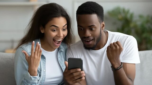 Excited young african couple celebrating good news on smartphone together