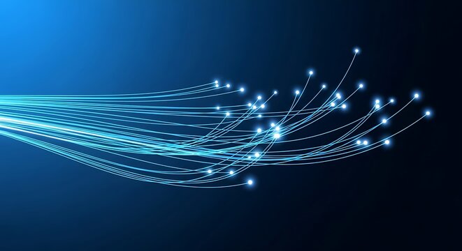 Abstract visualization of glowing blue fiber optic strands spreading out against a dark background.