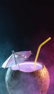 Glowing purple cosmic coconut cocktail stands against dark smoky background with neon blue and pink lighting featuring yellow bendy straw and iridescent umbrella for nightlife party themes.