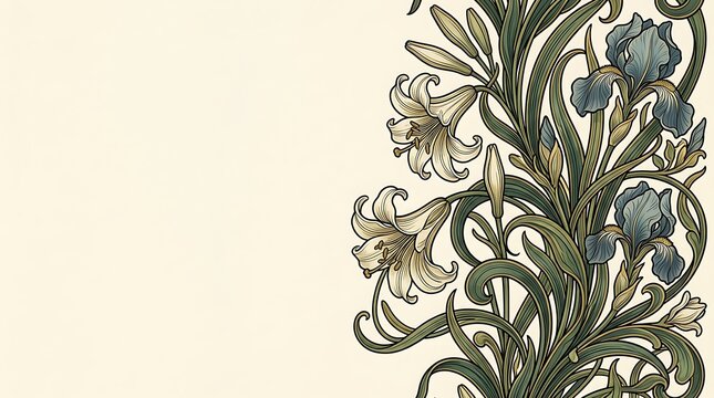 Elegant art nouveau floral border with lily and iris flowers