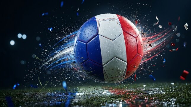 Soccer ball with french flag pattern flying through the air with motion blur and confetti on a dark stadium background
