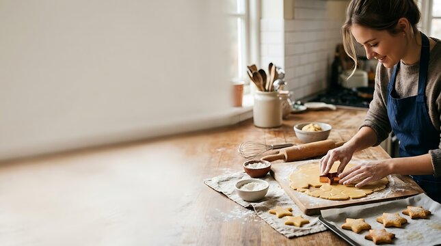 Smiling woman cutting star shaped cookies in a cozy rustic kitchen