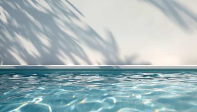 Swimming pool water surface with ripples and light reflections against a plain white wall with soft tree shadows for product display background