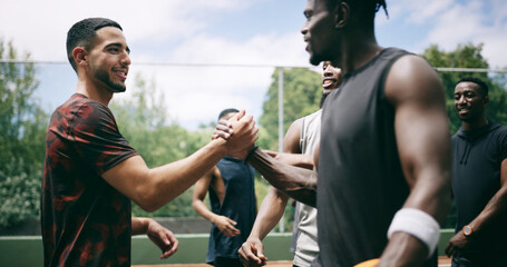 Naklejka premium Fitness, friends and men with handshake on basketball court, celebration or introduction for match. Outdoor, smile or people with opposition team for greeting, shake hands or competition support