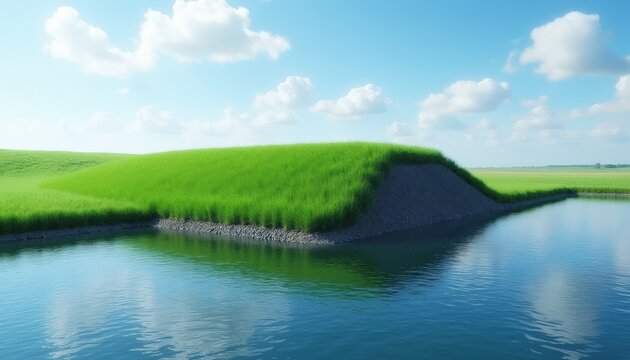 Green grassy mound with gravel base sits beside calm blue water. A serene landscape under a clear sky with fluffy white clouds. The engineered structure prevents water pooling.