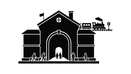 Obraz premium Silhouette illustration of a train station building with passengers and a steam locomotive.