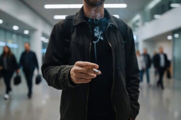 Fototapeta premium A close-up of a person holding a lit cigarette in a crowded, blurred indoor public walkway.