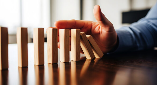 Hand stopping falling wooden domino blocks on a dark wooden table image