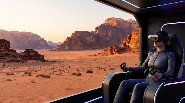 Woman wearing virtual reality headset in a futuristic desert vehicle