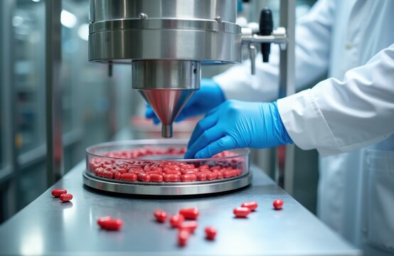 Factory worker in blue gloves operates capsule filling machine. Pharmaceutical production line fills red pills into containers. Medical industry manufacturing supplements.