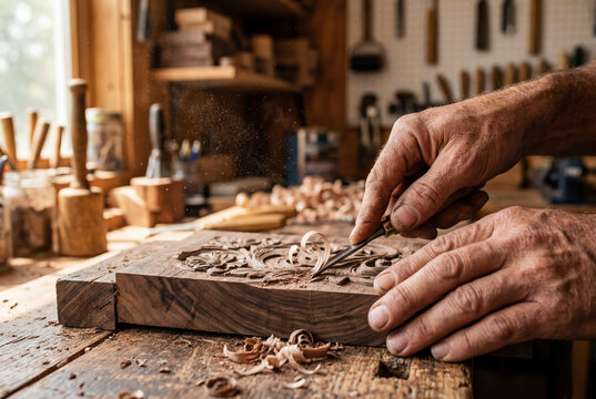 Mani di artigiano che scolpiscono un motivo floreale nel legno, simbolo di concentrazione, precisione e alta qualit&agrave; artigianale. Ideale per progetti creativi, editoriali e commerciali.