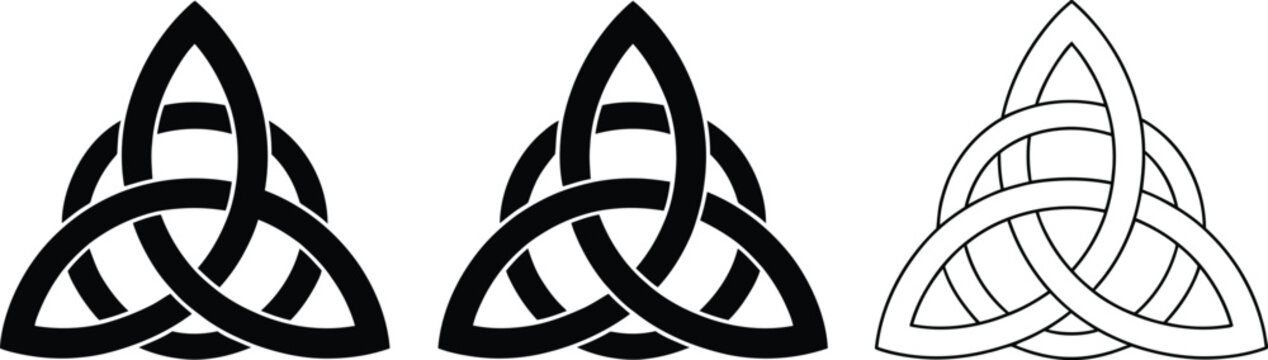 Celtic, trinity knot vector set, three isolated knot symbols on white background for cultural heritage and decorative design.