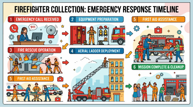 Detailed vector illustration showing the sequential firefighter emergency response mission timeline