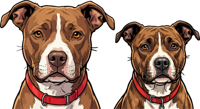 Detailed vector illustration featuring two loyal brown pitbull dog portraits