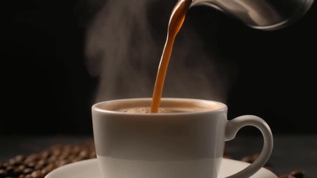 Ultra-realistic slow-motion shot of freshly brewed hot coffee pouring into a white ceramic cup, steam rising naturally, dark background, cinematic lighting