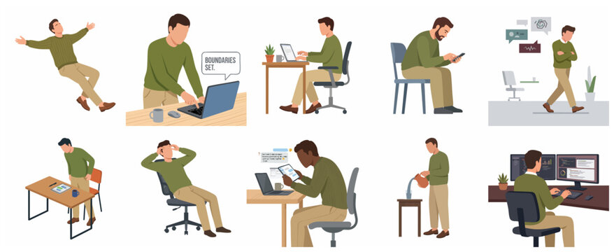 Flat vector illustration set of men navigating work-life balance, setting professional boundaries, managing stress, and productivity in a modern office environment.