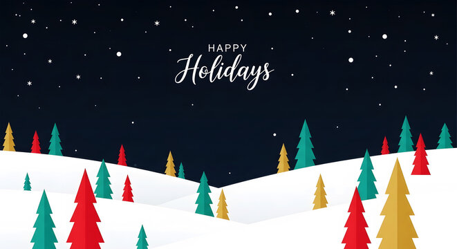 Happy Holidays greeting with colorful trees in snowy landscape under starry night christmas