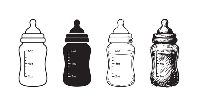 Baby bottle icons with measurement markings, showing various artistic representations: outline, solid, shaded with liquid, and detailed hand-drawn sketch with liquid.