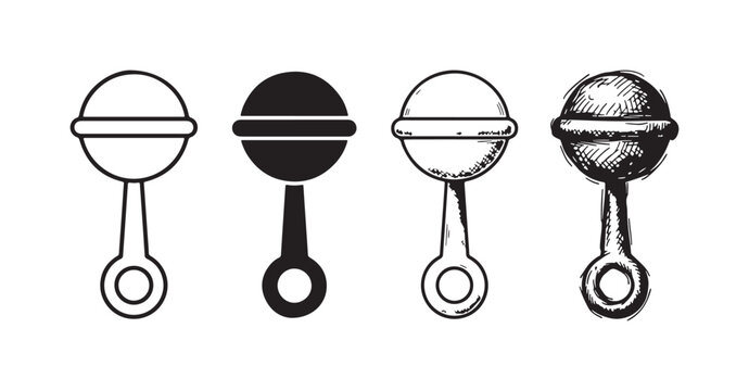 Collection of four baby rattle icons, showing different artistic interpretations: outline, solid fill, detailed line art, and textured hand-drawn sketch