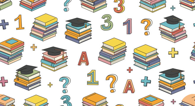 Educational seamless pattern includes stacks of books with graduation caps and academic symbols like letters and numbers for students.