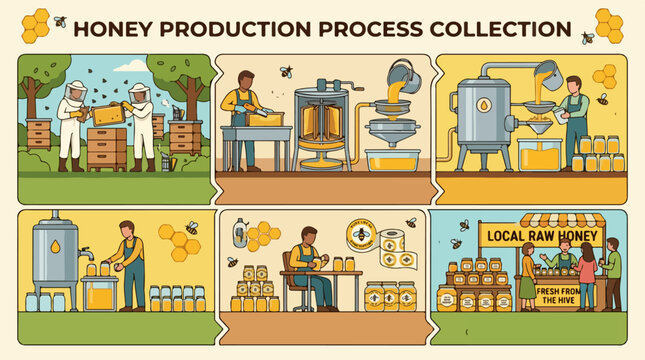 Detailed vector illustration showing the complete industrial honey production process flow
