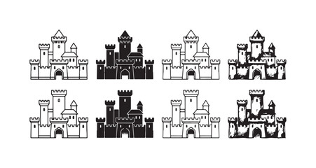 Set of eight detailed multi-towered medieval castle icons in outline, solid, and hand-drawn styles, featuring a prominent gate and multiple turrets © Ірина Гринюк