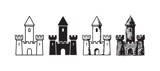 Collection of four simple castle icons with a single tall central tower, presented in outline, solid, and detailed hand-drawn sketch styles © Ірина Гринюк