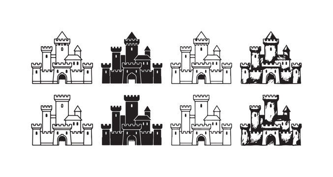 Set of eight detailed multi-towered medieval castle icons in outline, solid, and hand-drawn styles, featuring a prominent gate and multiple turrets