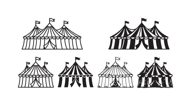 Collection of six stylized circus tents or big tops with flags in various design styles