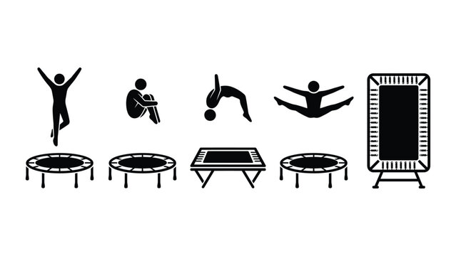 Set of stick figure icons performing trampoline jumps and gymnastics.