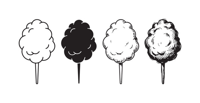 Four stylized cotton candies on sticks in outline, solid, and hand-drawn sketch styles